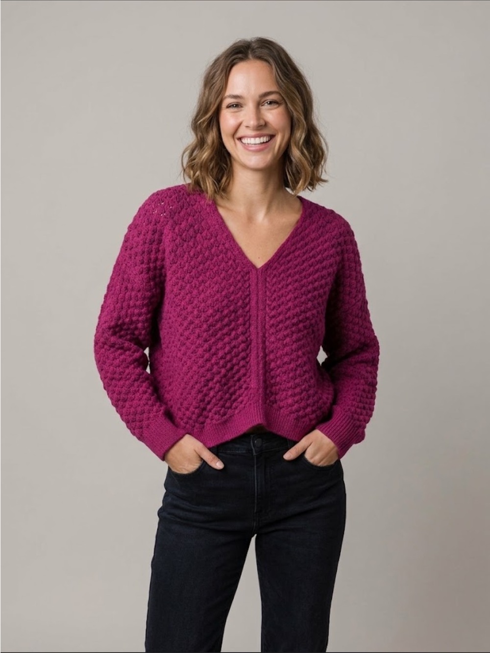 Molly Bracken Raspberry Textured Cropped V-Neck Sweater. PTP is 23